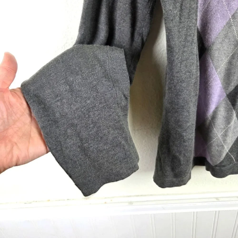 Men's Banana Republic Gray and Purple Argyle Silk Cashmere Blend Sweater SZ Med